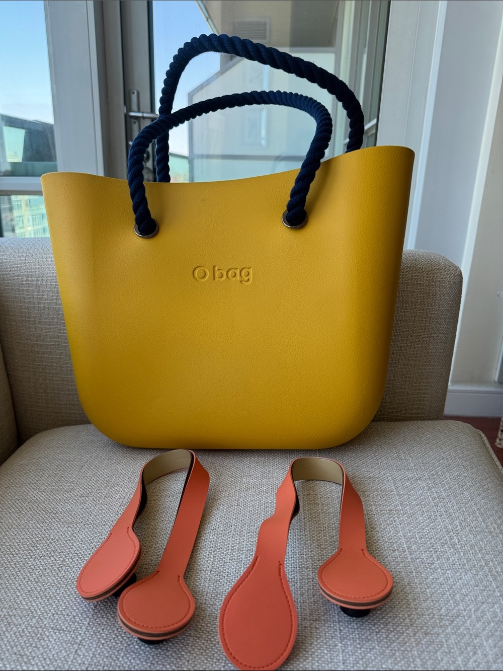 O bag Yellow Tote with Navy Rope Handles